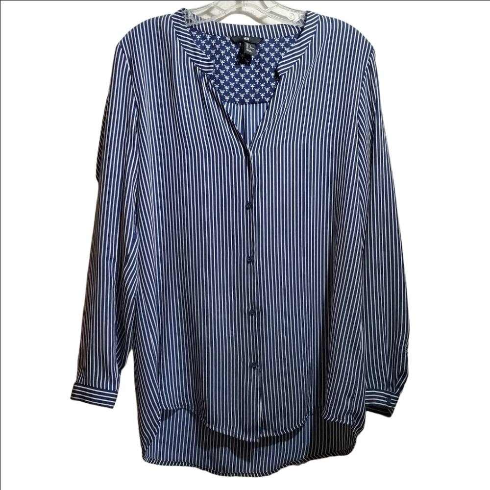 H&M Button-down Blouse Navy Blue & White Striped Mandarin Collar Long Sleeve EUC